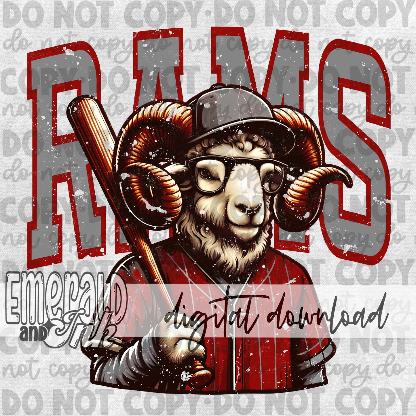 Rams Red Baseball Grungy Mascot - DIGITAL Download