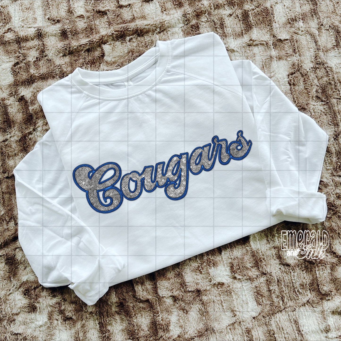 Cougars Faux Embroidery & Sequins (blue & white/silver/gray) - DTF Transfer*TAT 5-7 biz days
