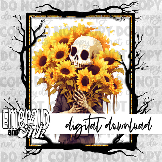 Skellie & Sunflowers Frame Clipart - Digital Download