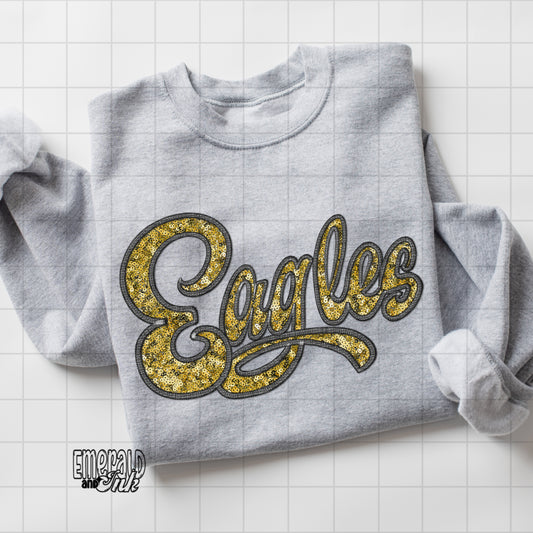 Eagles Faux Embroidery & Sequins (black & gold) - DTF Transfer*TAT 5-7 biz days