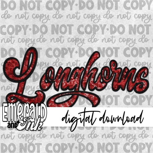 Longhorns Faux Embroidery (black & red) - Digital Download