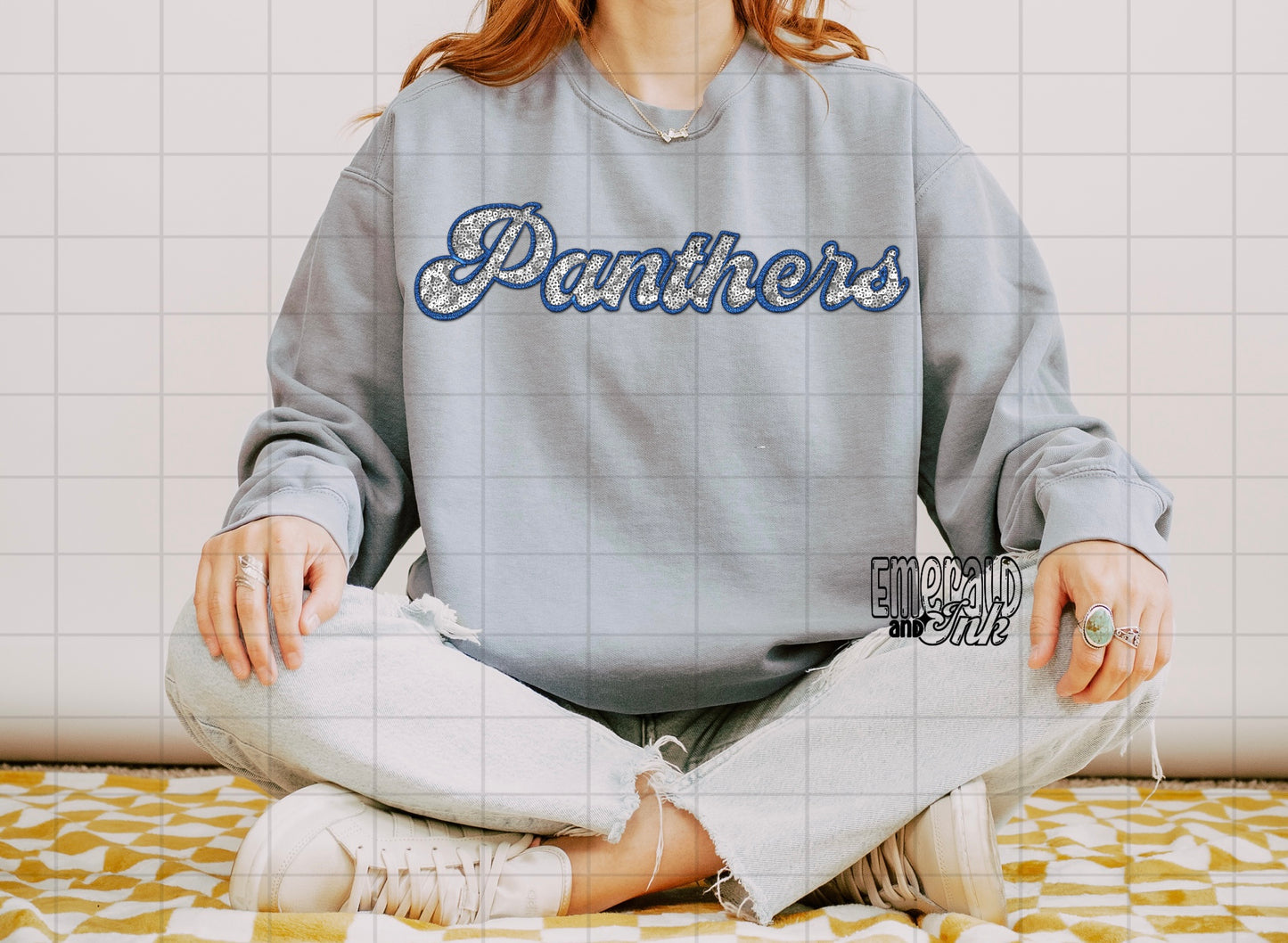 Panthers Faux Embroidery & Sequins (blue & white/silver) - DTF Transfer*TAT 5-7 biz days