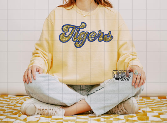 Tigers Faux Embroidery & Sequins (blue & yellow/gold) - DTF Transfer*TAT 5-7 biz days