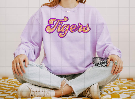 Tigers Faux Embroidery & Sequins (purple & orange) - DTF Transfer*TAT 5-7 biz days
