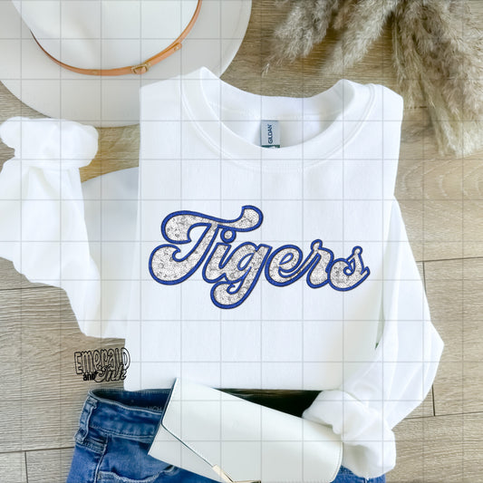 Tigers Faux Embroidery & Sequins (blue & white/silver) - DTF Transfer*TAT 5-7 biz days