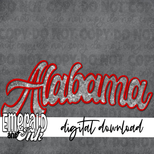 Alabama Faux Embroidery (red & silver) - Digital Download