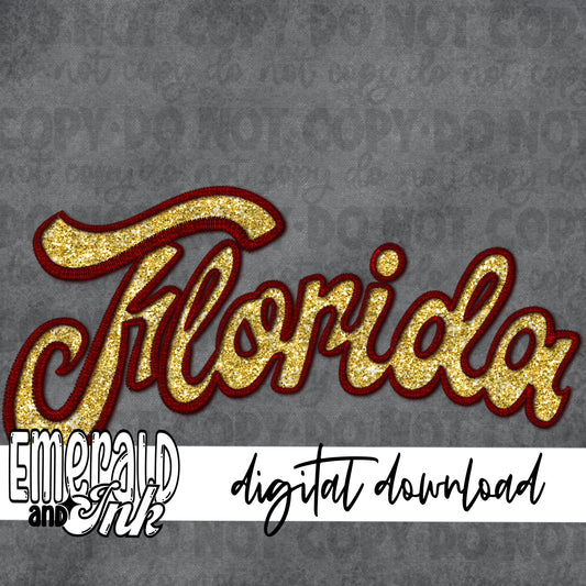 Florida Faux Embroidery (garnet & gold) - Digital Download