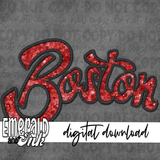 Boston Faux Embroidery (red & black) - Digital Download