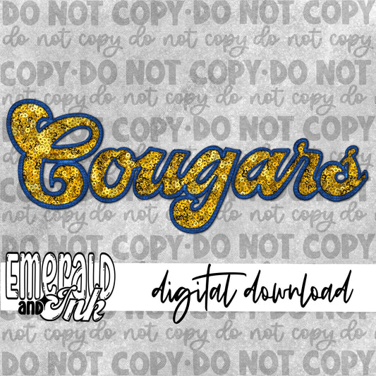 Cougars Faux Embroidery (blue & yellow/gold) - Digital Download