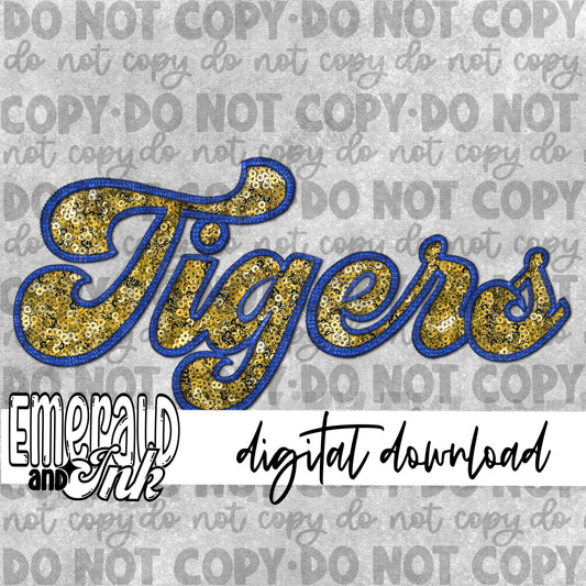 Tigers Faux Embroidery (blue & yellow/gold) - Digital Download