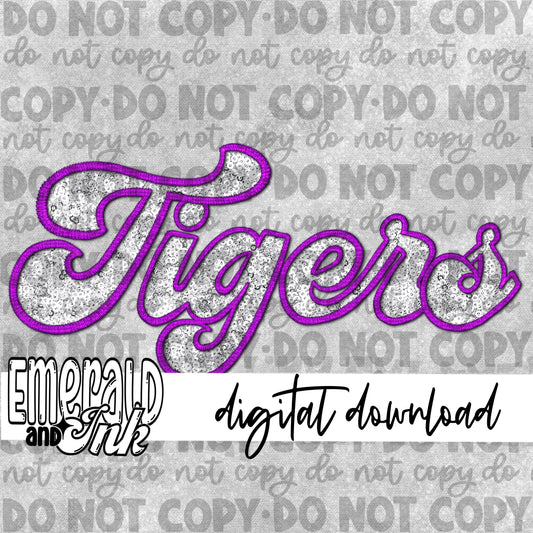 Tigers Faux Embroidery (purple & white/silver) - Digital Download