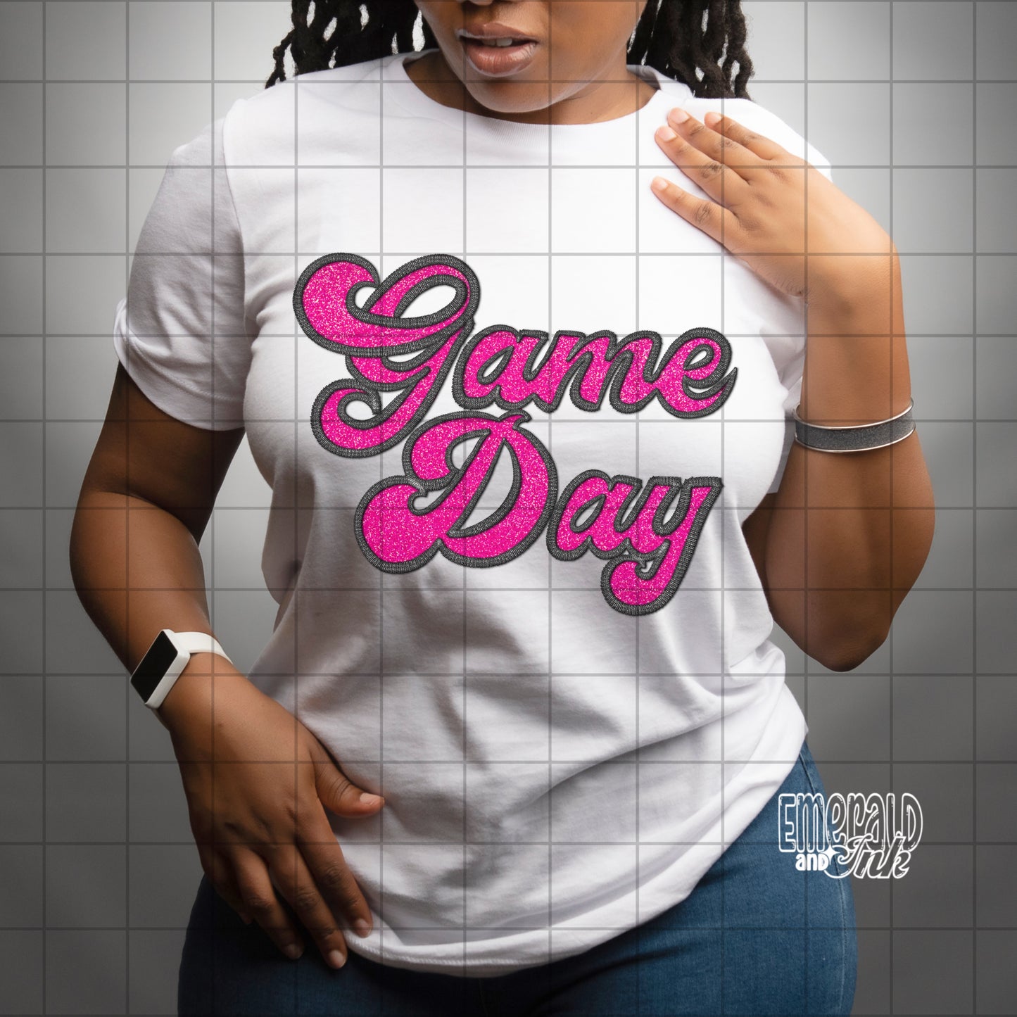 Game Day Faux Embroidery & Glitter (black & pink) - DTF Transfer*TAT 5-7 biz days