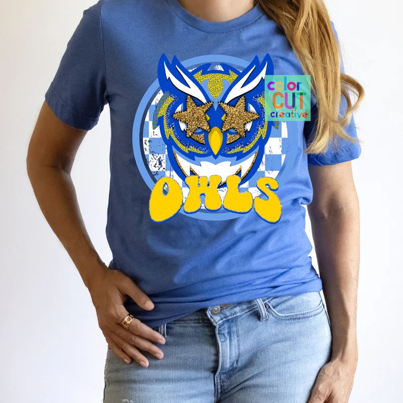 Preppy Mascot - Owls Blue & Yellow - DTF Transfer *TAT 5-7 biz days