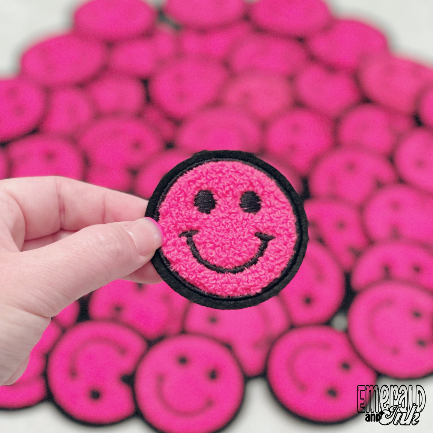 Hot Pink/Black Happy Face Chenille Patch - 302°