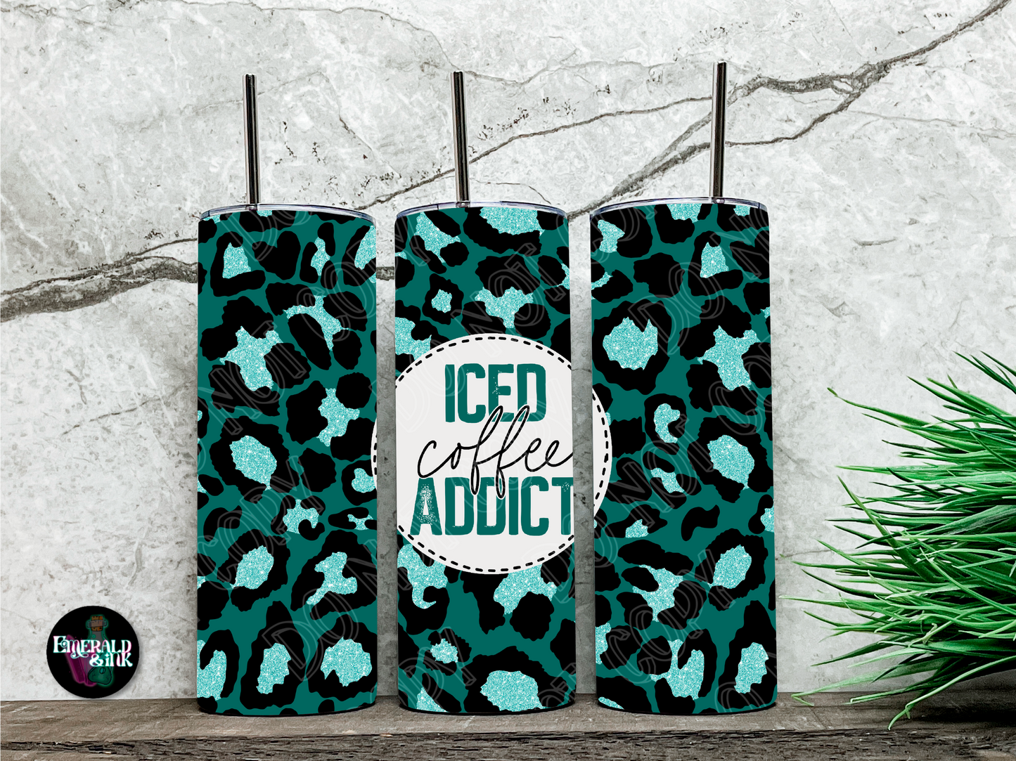 Teal Leopard Iced Coffee Addict - Tumbler Sublimation Transfer